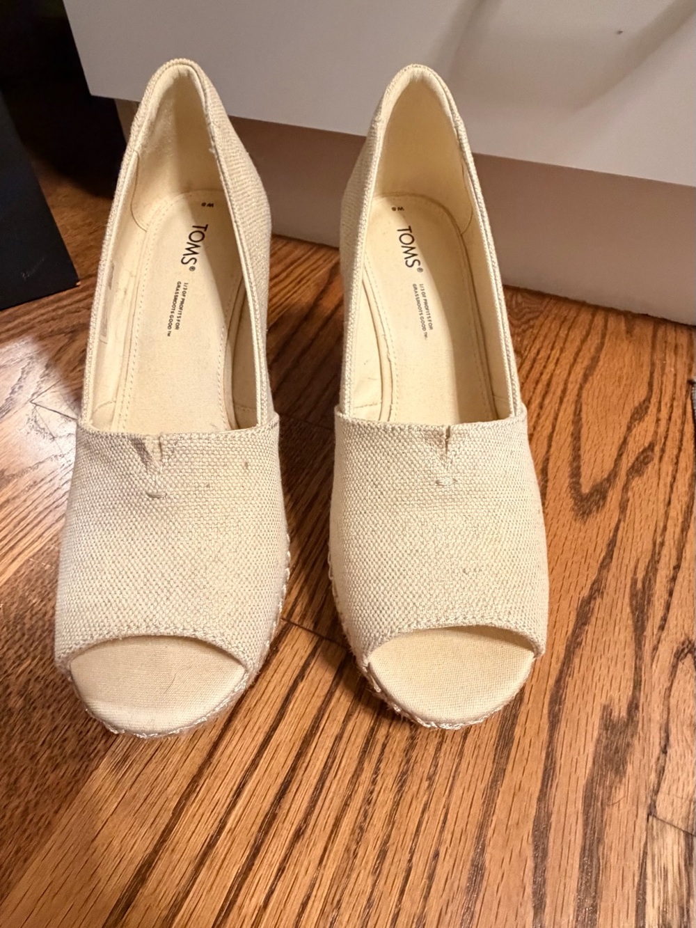TOMS Neutral Canvas Peep-Toe Wedge Espadrilles